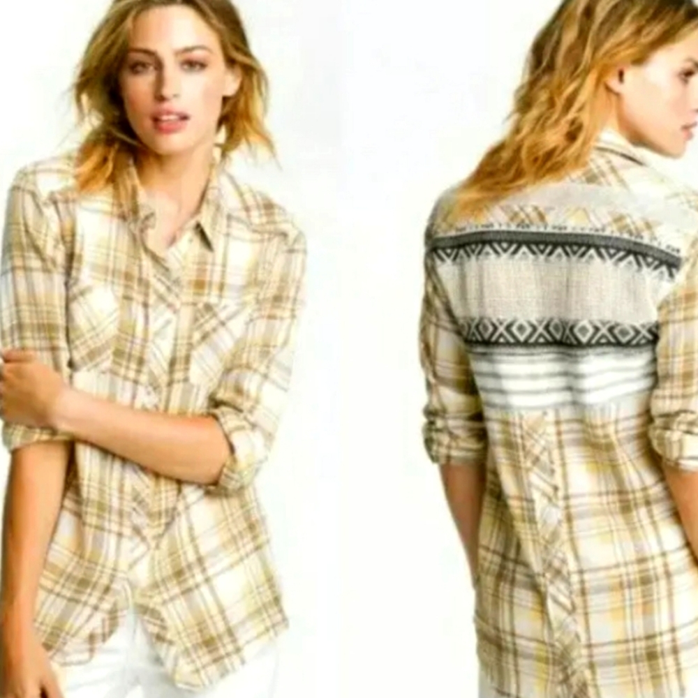 We The Free People Park Ranger Plaid Shirt Size M Snap Back Mixed Media Yellow